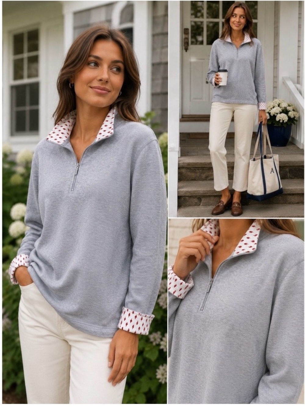 Orvis Light Gray Half-Zip Sweatshirt with Printed Trim, classy preppy sz small
